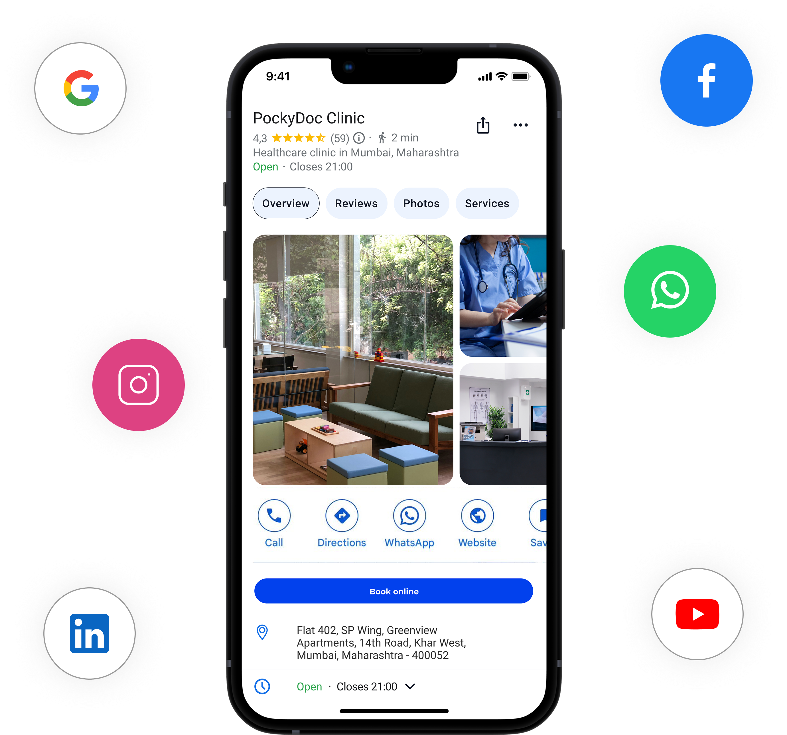 PockyDoc clinic profile across search and social channels